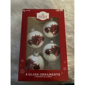 Holiday Time Set Of 4 Red & White Poinsettia Glass Christmas Ornaments Tree